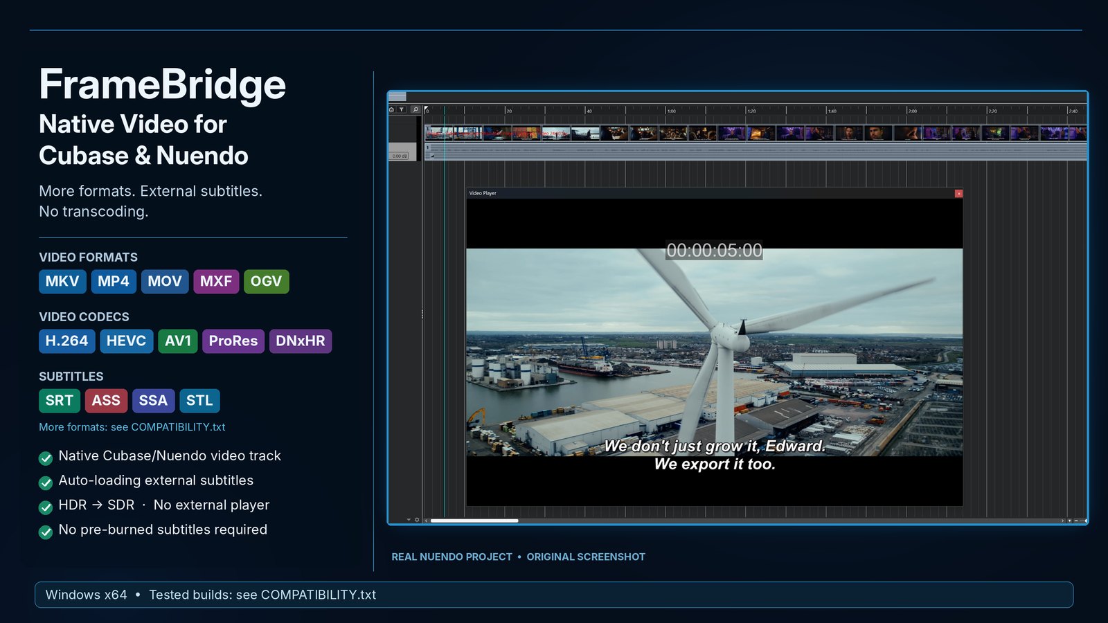 FrameBridge running on the native Nuendo video track with external subtitles over the picture